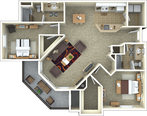 Floor plan for 2 beds, 2 baths, 1240 sqft